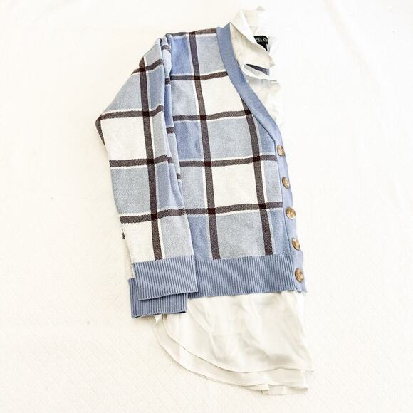 Rachel Zoe Blue Plaid Sweater Long Sleeve 2-in-1 Top Workwear Size L - Picture 5 of 5